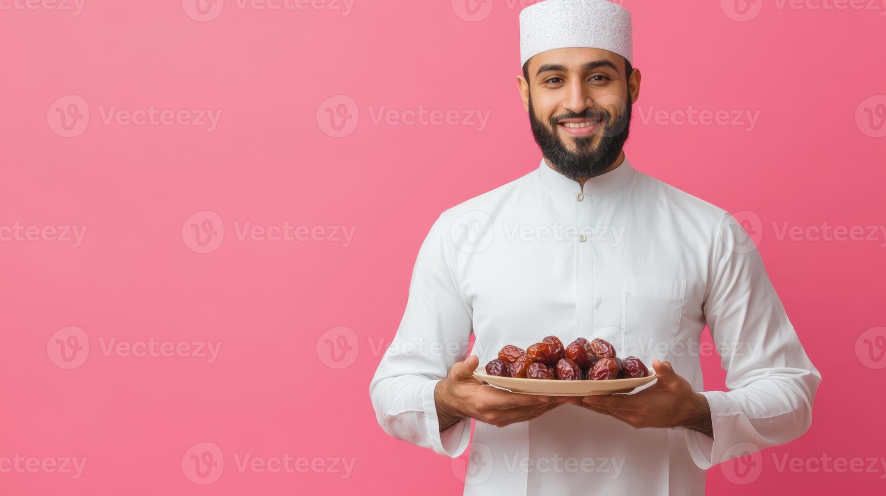 Arab man holding plate of dates. photo