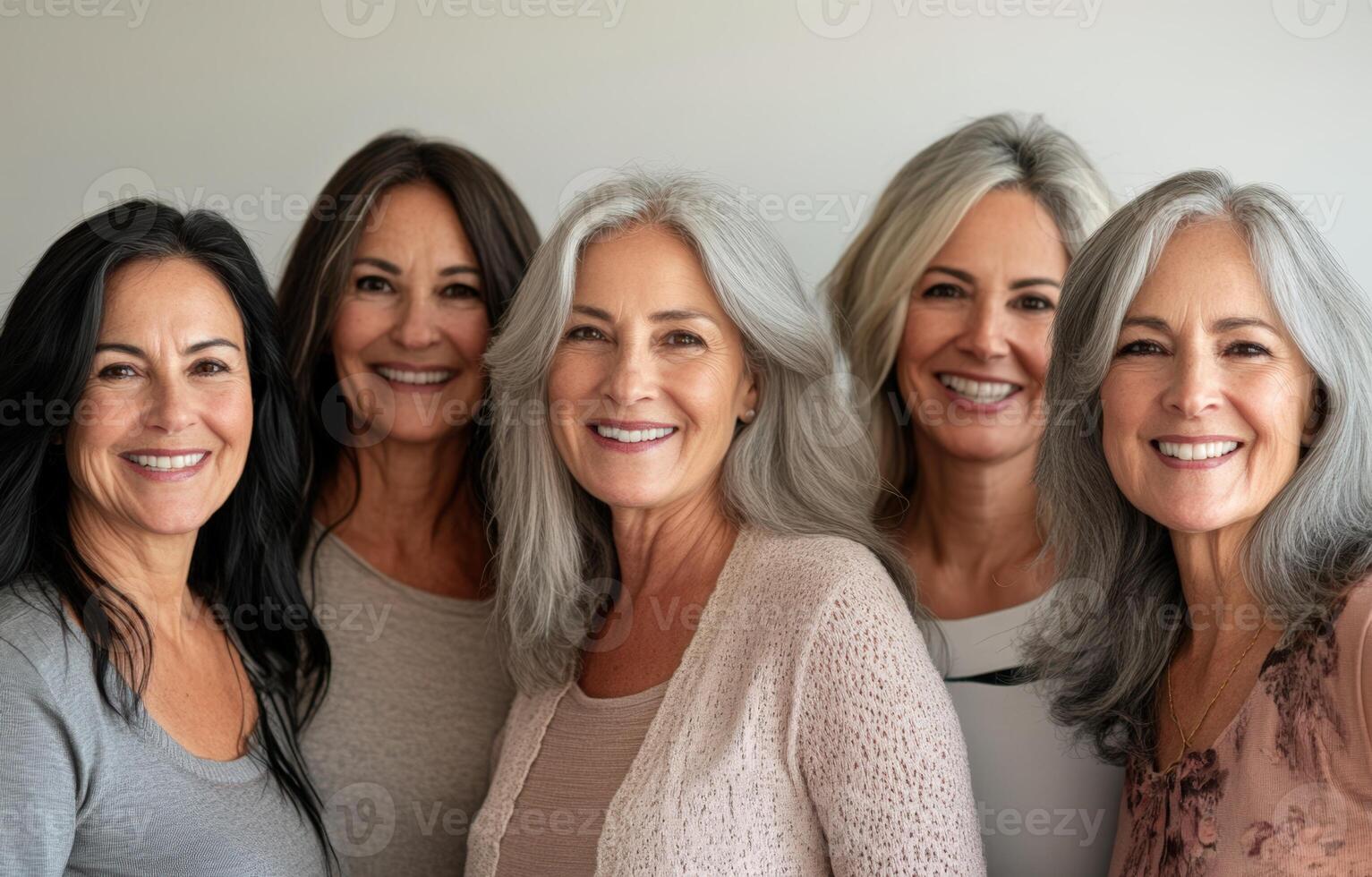 Five women with gray hair smiling for the camera photo