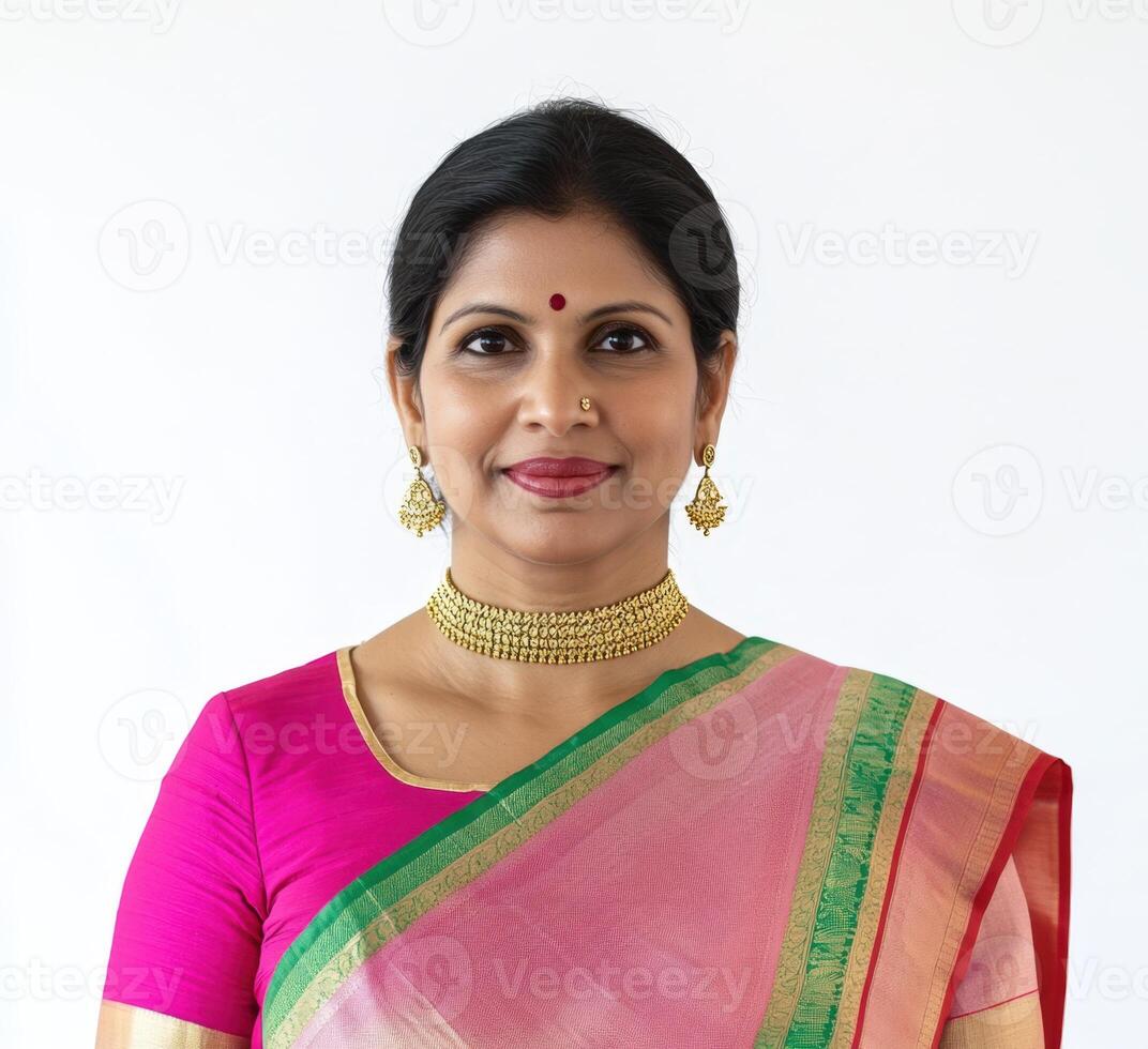 A woman in a pink and green sari. photo