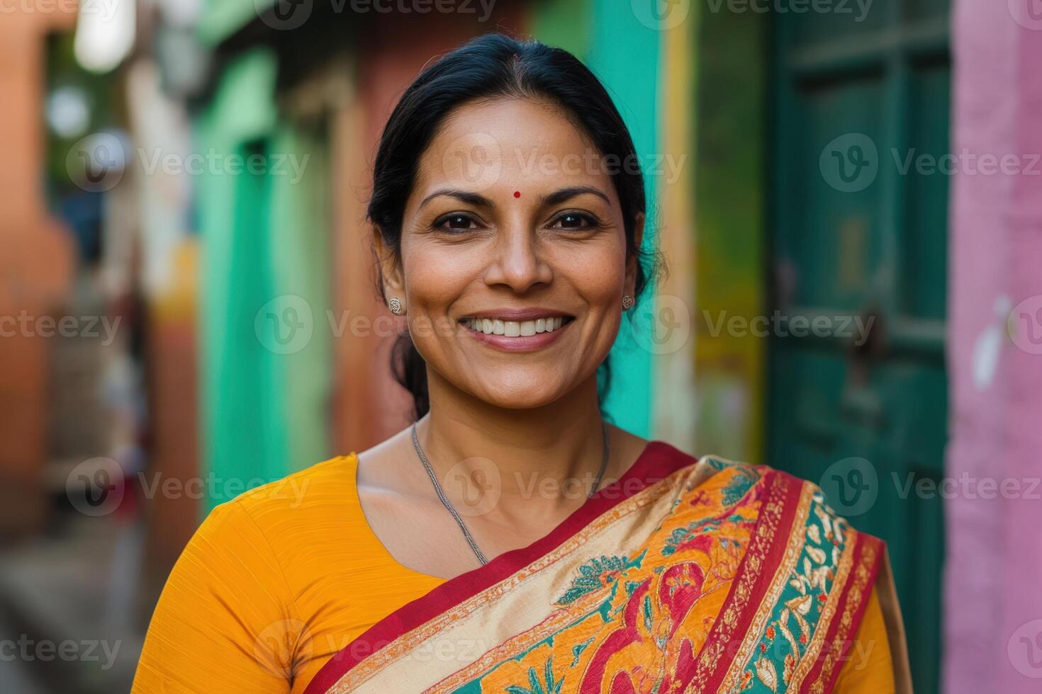A woman in an orange sari smiling. photo