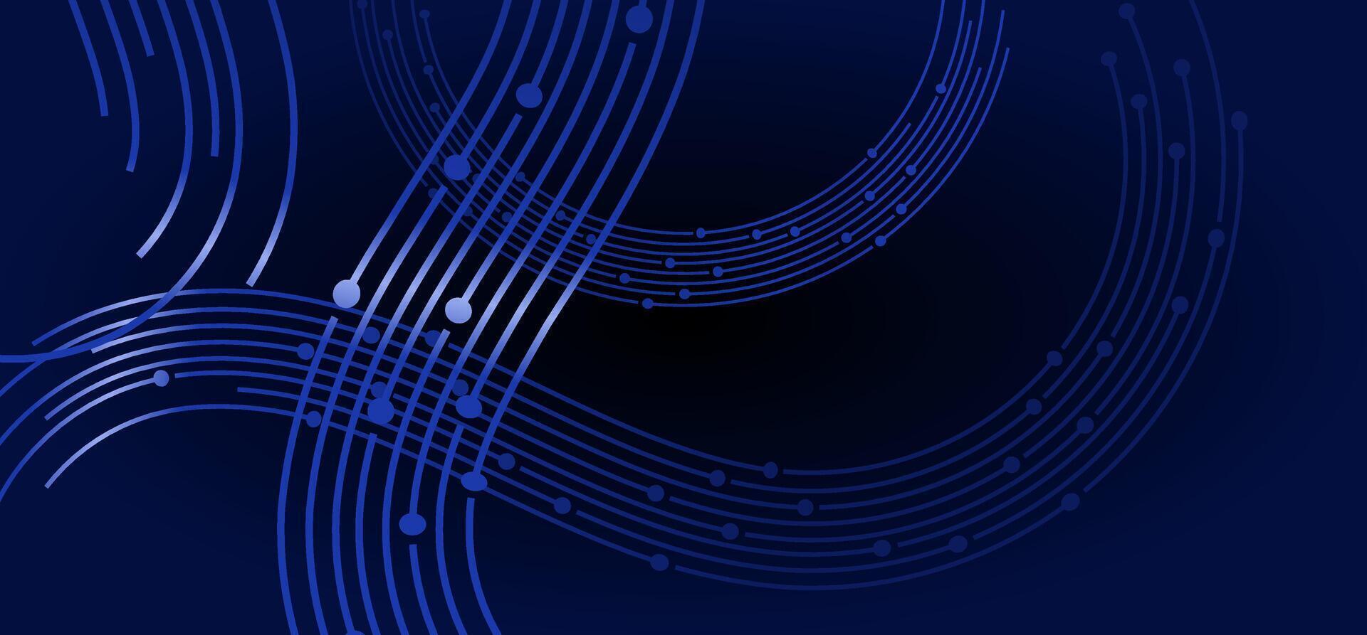 Blue lines and dots forming curved shapes on a dark background vector