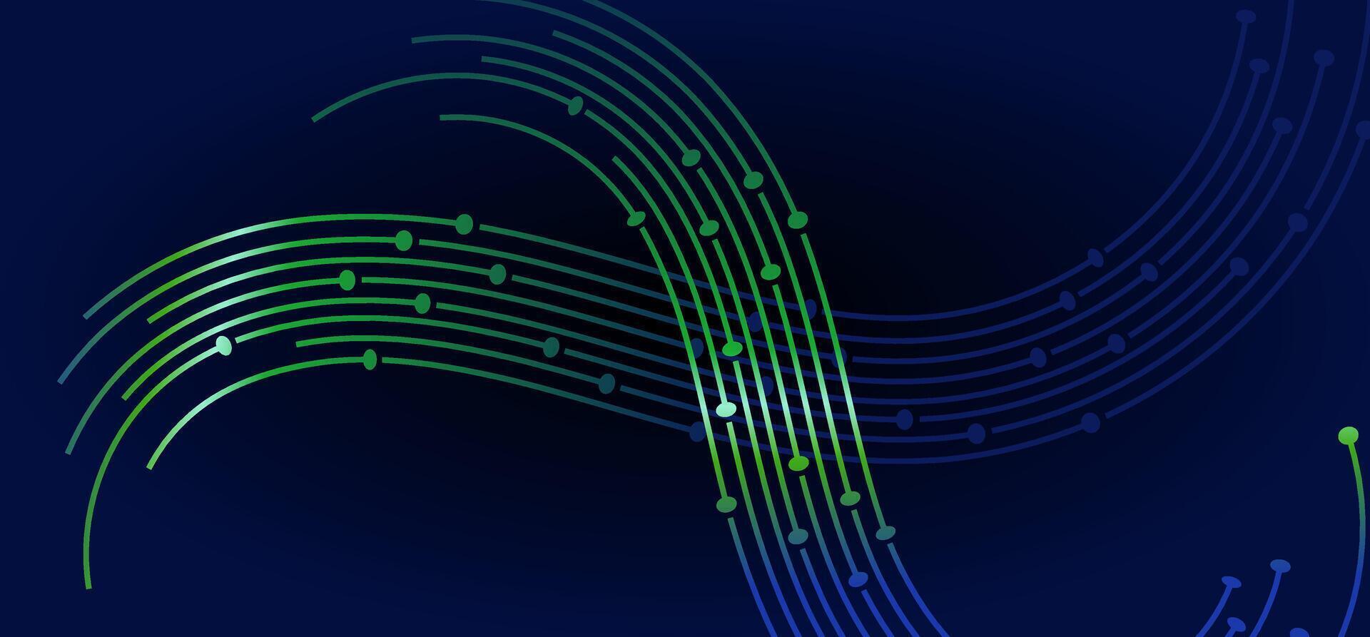 Wavy green and blue lines with dots on dark blue background vector