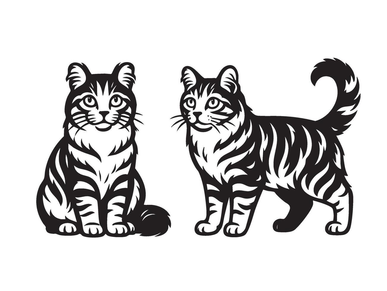 Two detailed black and white illustrations of American Curl cats, one sitting and the other standing, showcasing distinctive curled ears and playful pose. Animals. vector