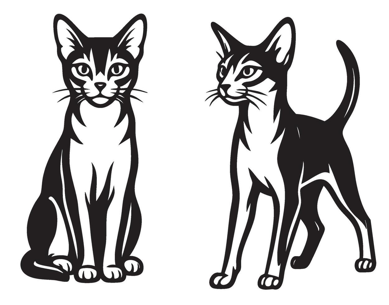 Black and white illustration of two elegant Abyssinian cats, one sitting and one standing, with sleek bodies and large ears, perfect for art and prints. vector