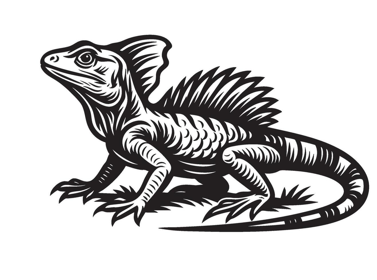 Detailed black and white of a Basilisk lizard, also known as the Jesus lizard, with distinctive crest and scales. Perfect for reptile art and designs. vector