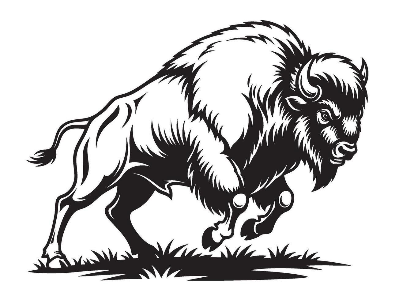Dynamic black and white of a powerful bison in motion, charging across grass. Bold and detailed design perfect for logos, prints, and mascots. Animal. vector
