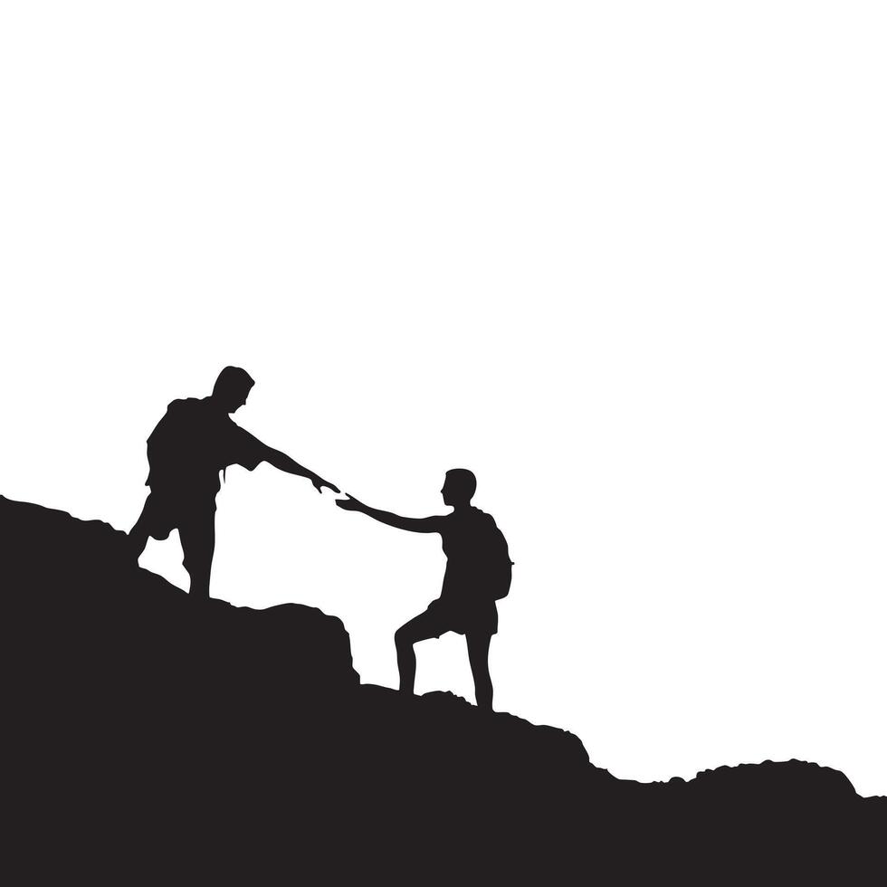 Silhouette of Two Hikers Helping Each Other on Mountain Slope vector