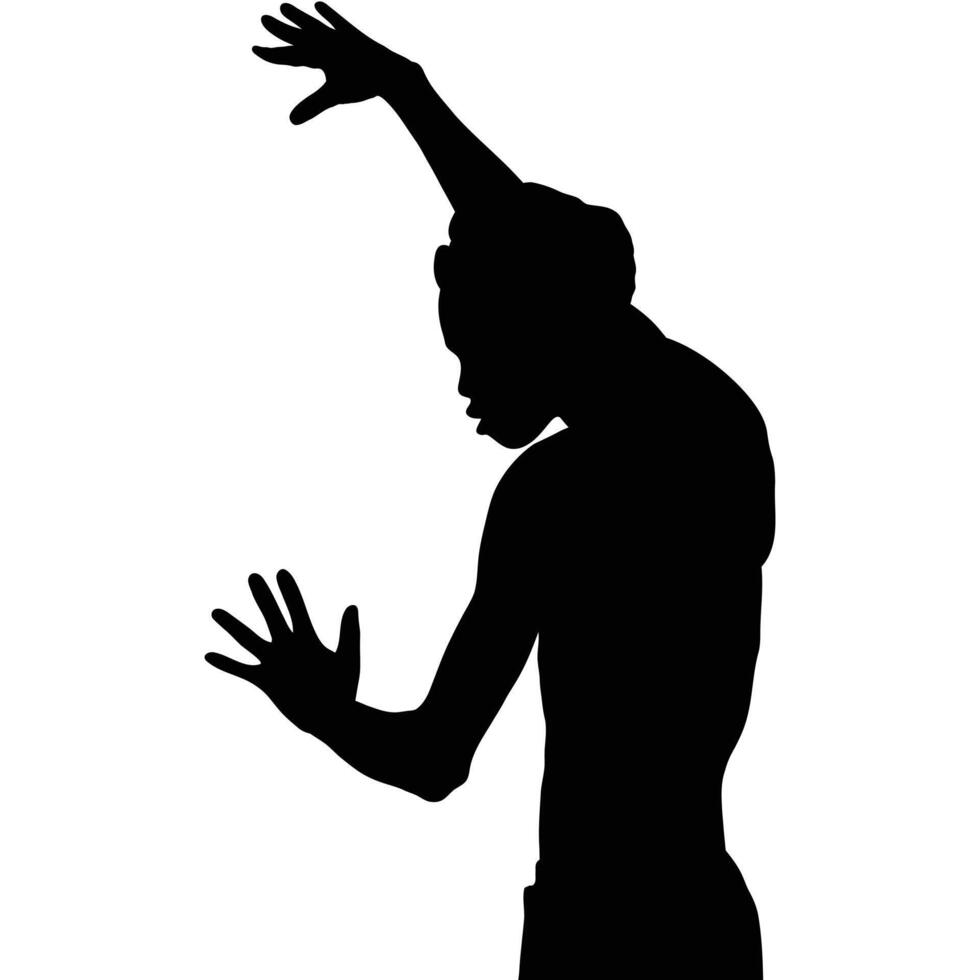 Silhouette of Young Man Dancing with Outstretched Arms on White Background vector