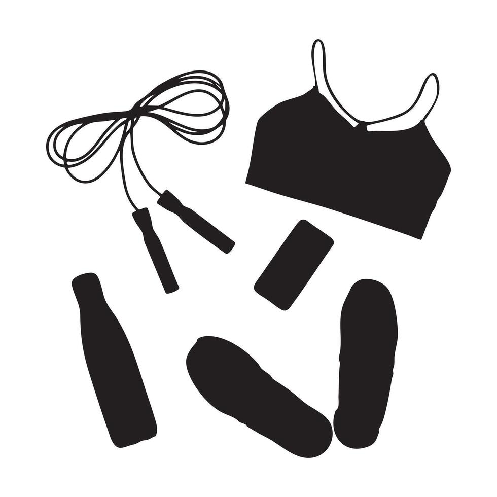 Fitness Equipment Set with Sports Bra, Sneakers, Jump Rope, Water Bottle, and Smartphone Isolated on White vector