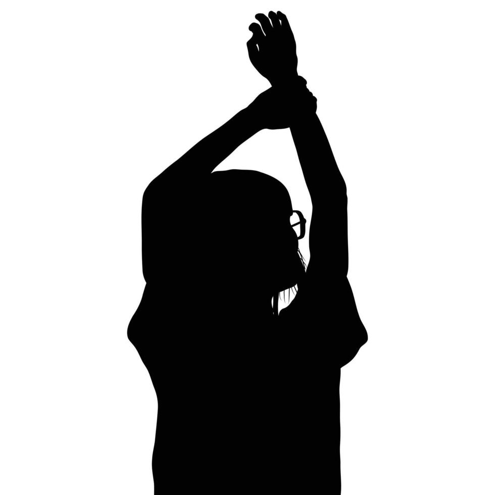Silhouette of Young Woman with Glasses Raising Arms on White Background vector