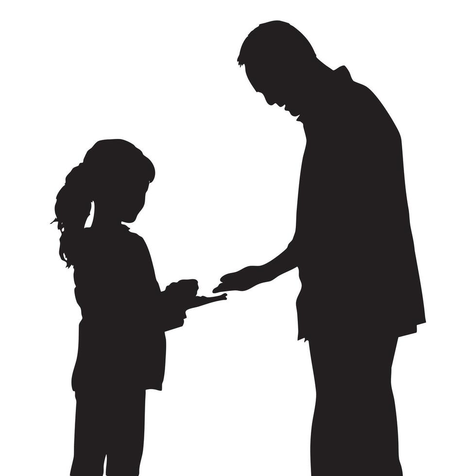 Silhouette of Man and Young Girl Exchanging Object on White Background vector