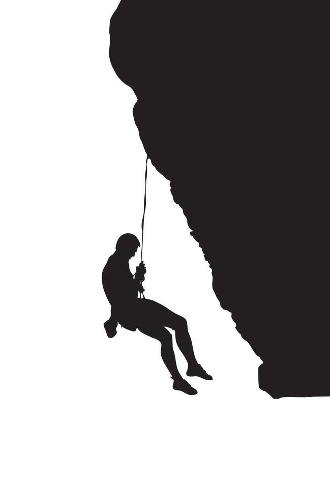 Silhouette of Climber Rappelling Down Steep Rock Face vector