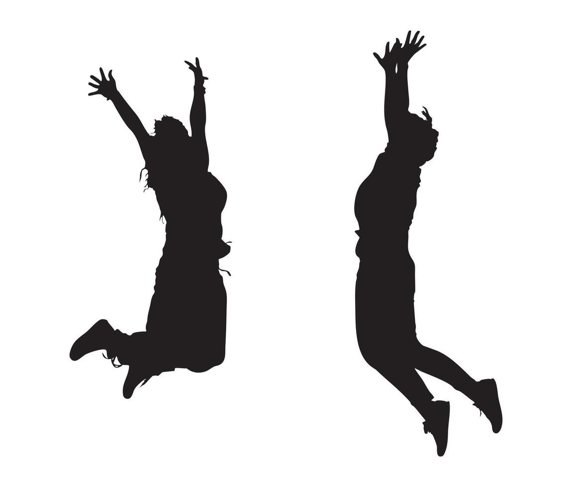 Silhouette of Two People Jumping in the Air with Raised Arms vector
