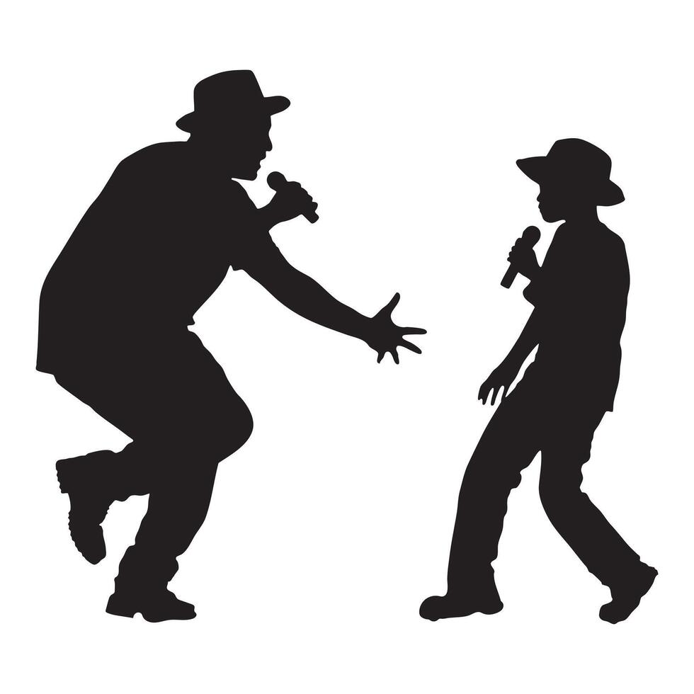 Silhouette of Man and Boy Singing with Microphones on White Background vector
