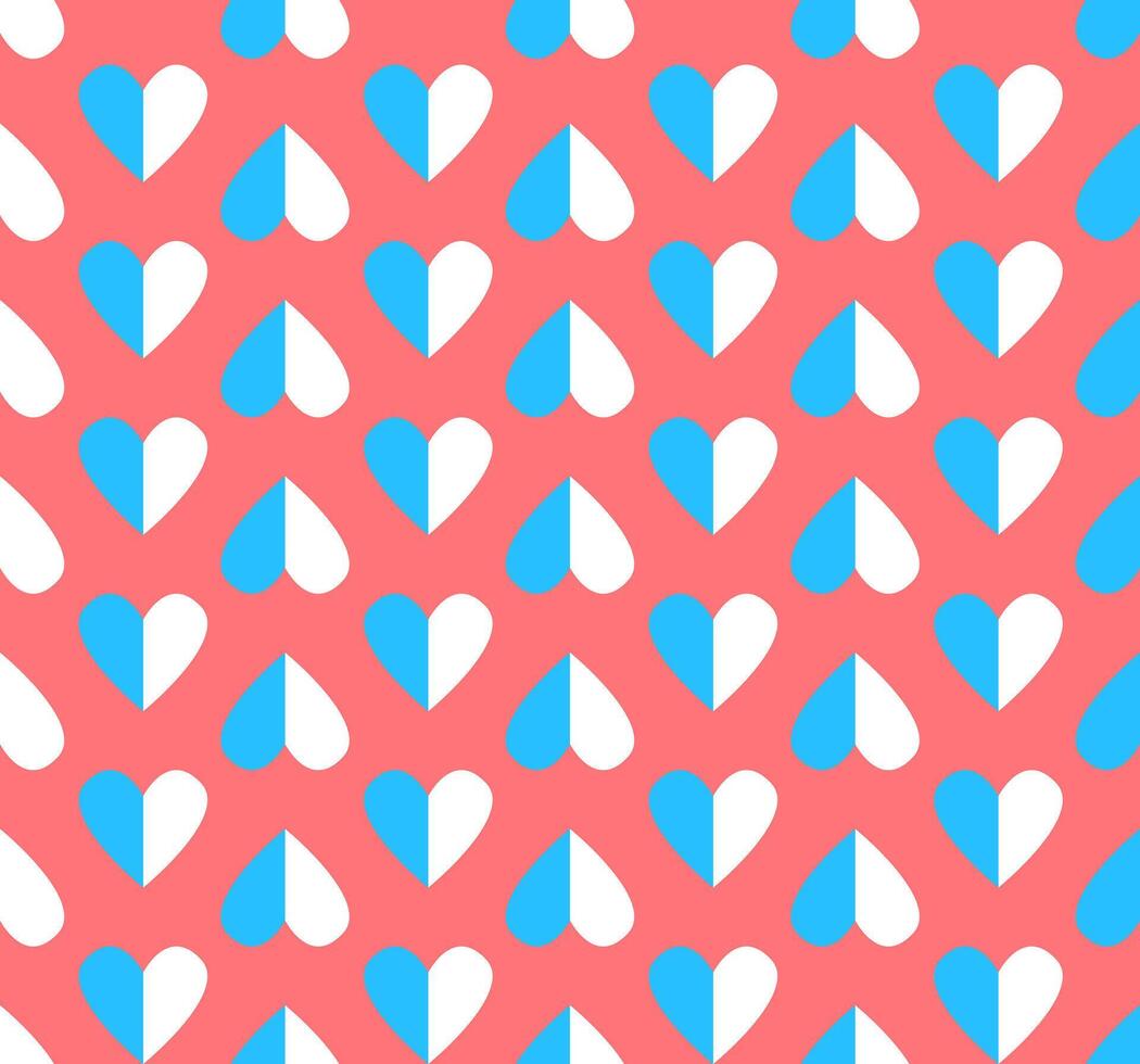 Heart shapes pattern with white and light blue color against coral pink background. vector