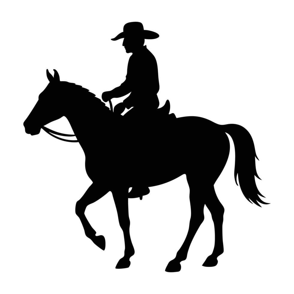 Black silhouette of a cowboy riding a horse on a clean white background vector