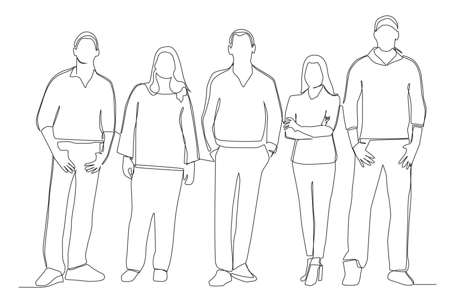 Continuous one line drawing of diverse group of standing people. vector