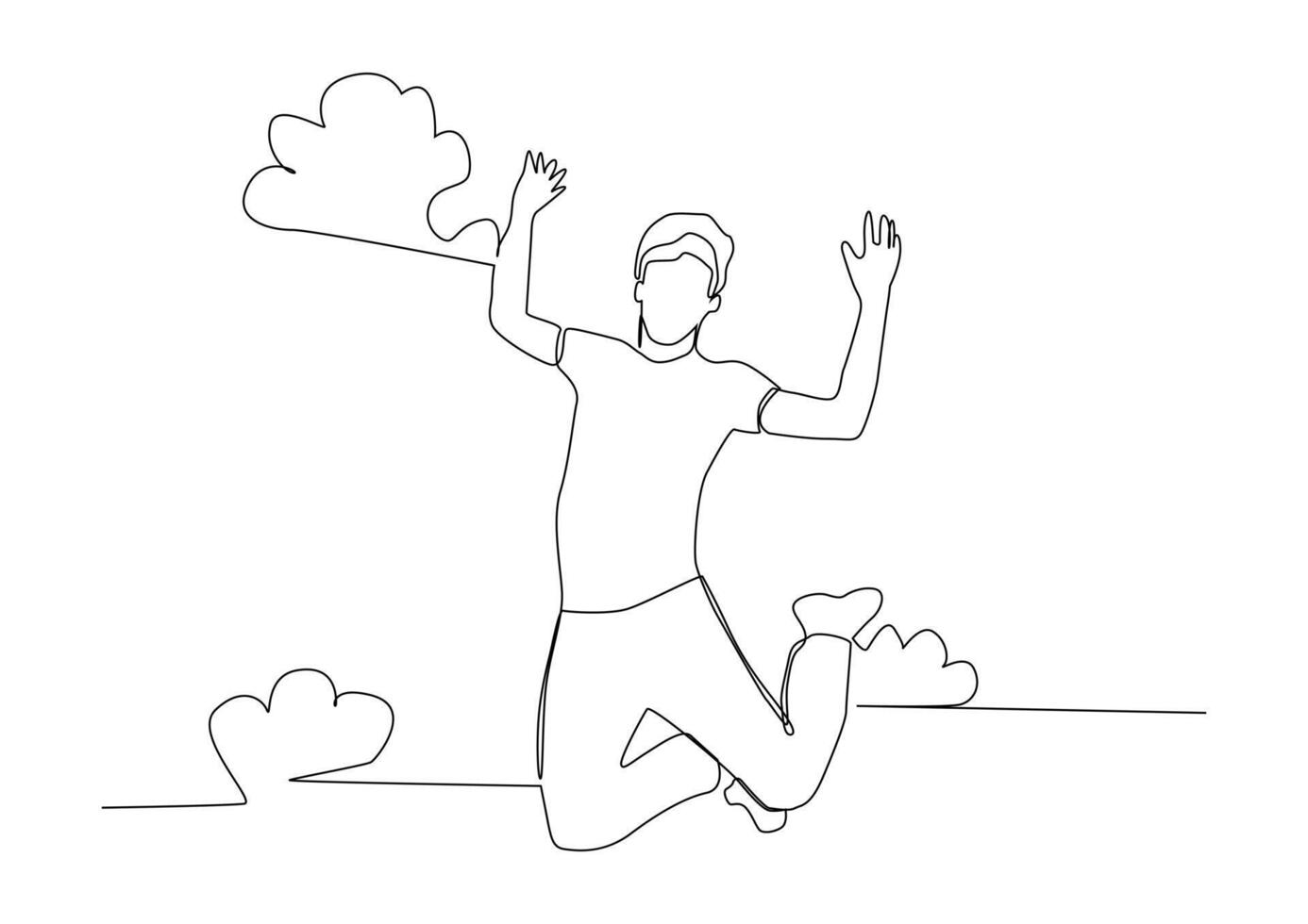 Continuous one line drawing of happy man jumping higher clouds. vector