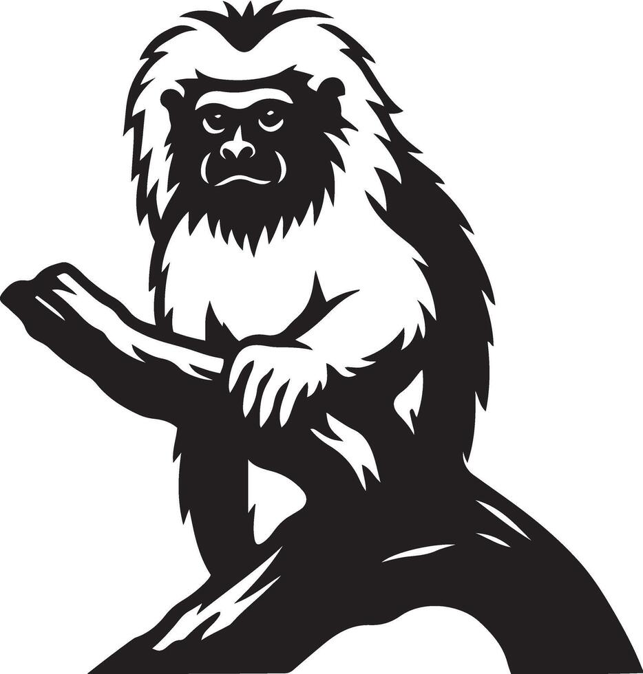 Japanese macaque on branch black and white, Monkey resting detailed wildlife sketch vector