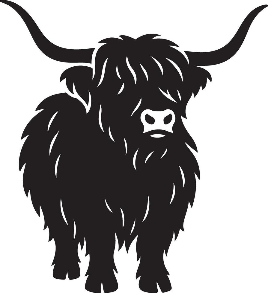 Highland cow silhouette minimal design, Furry farm animal illustration vector