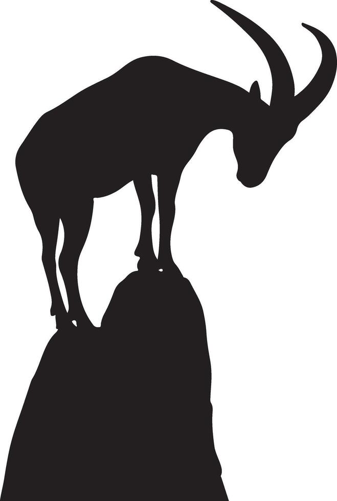 Ibex standing on mountain peak silhouette, Wild goat bold landscape art style vector