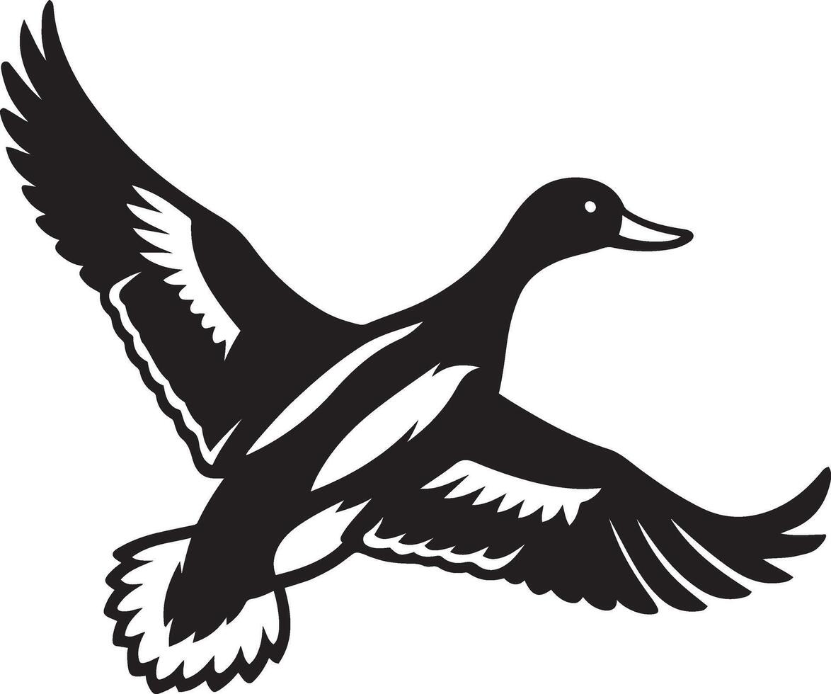 Soaring duck black and white silhouette, Flying duck bold bird illustration vector