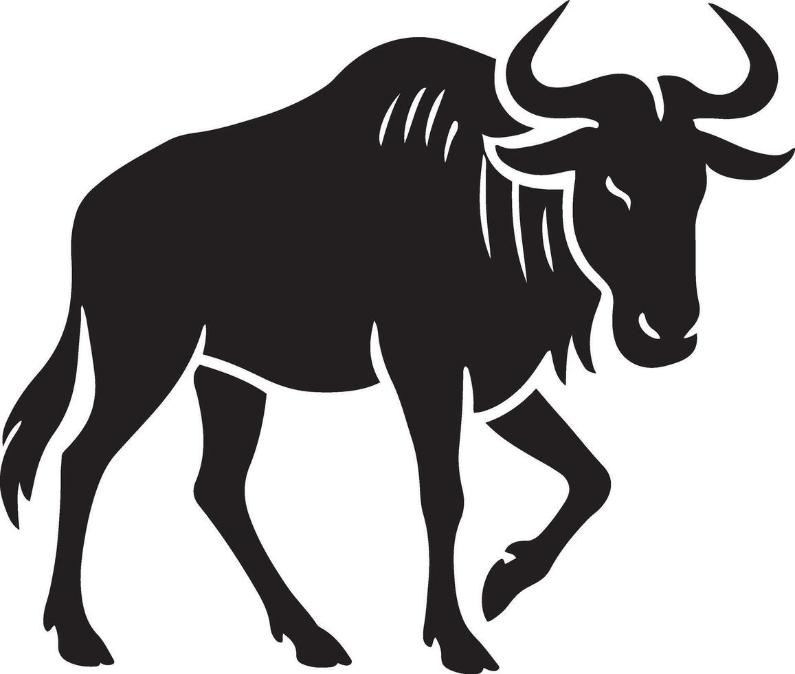 Wildebeest silhouette in profile black style, African antelope bold graphic vector