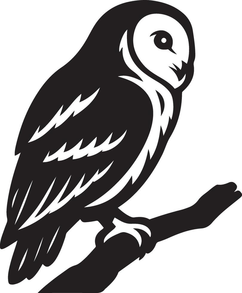 Owl perched on branch black and white sketch, Night bird in resting position vector