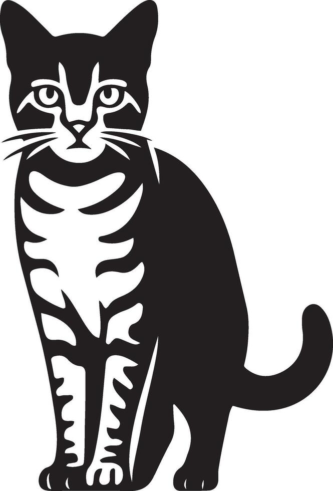 Sitting tabby cat black white illustration, Cute cat simple drawing vector
