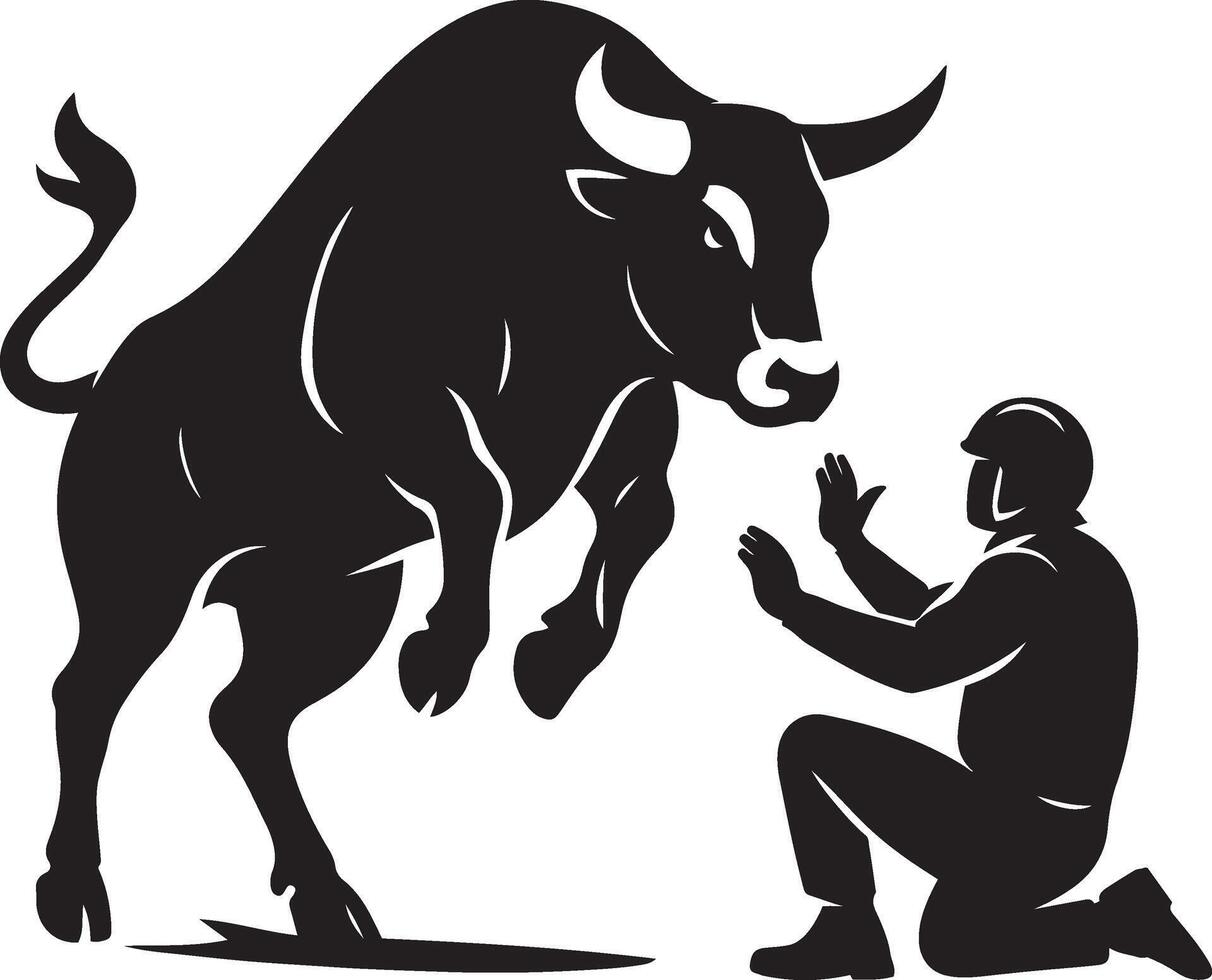 Man facing powerful bull silhouette design, Confrontation animal strength art vector