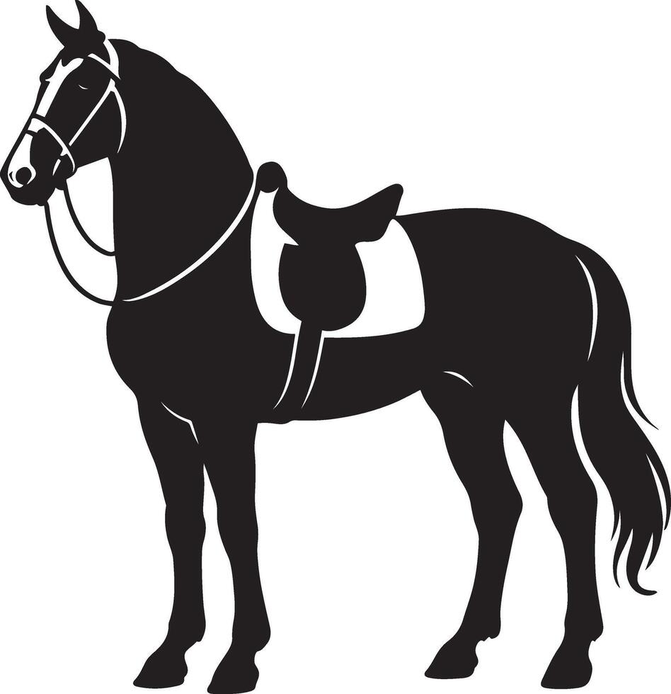 Horse with saddle silhouette black white, Riding horse side view illustration vector