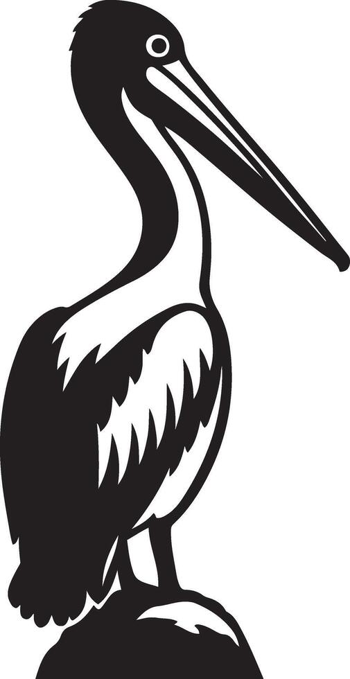 Pelican silhouette black and white bold art, Large bird in flight graphic vector