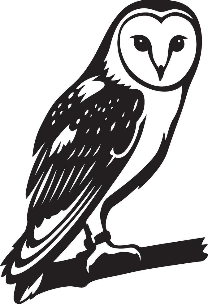 Barn owl silhouette on branch black and white, Nocturnal bird perched elegant drawing vector