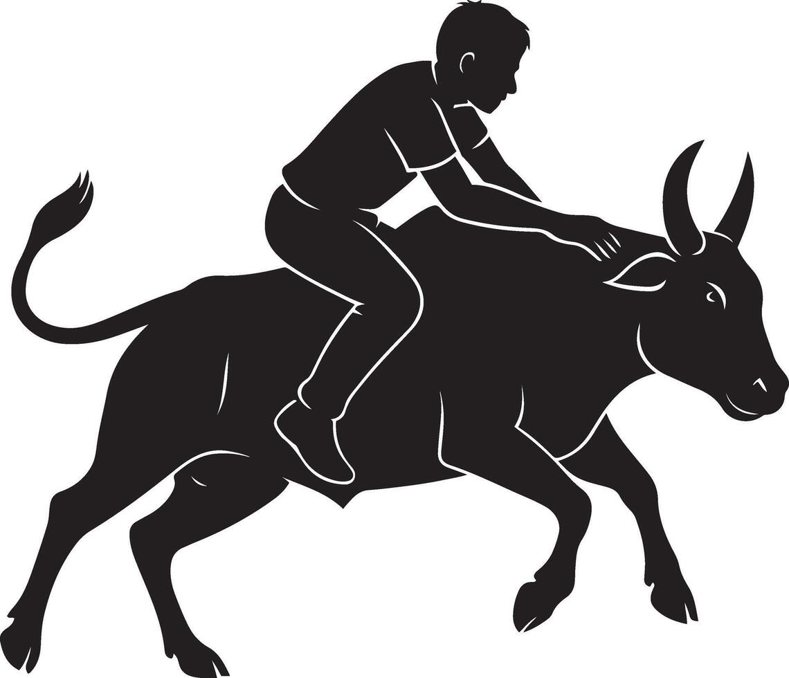 Boy riding bull dynamic silhouette, Young rodeo rider bold black art vector