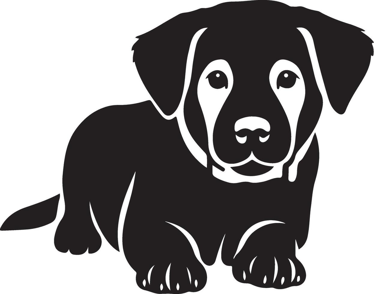 Puppy lying down black white silhouette, Resting baby dog cute pet illustration vector