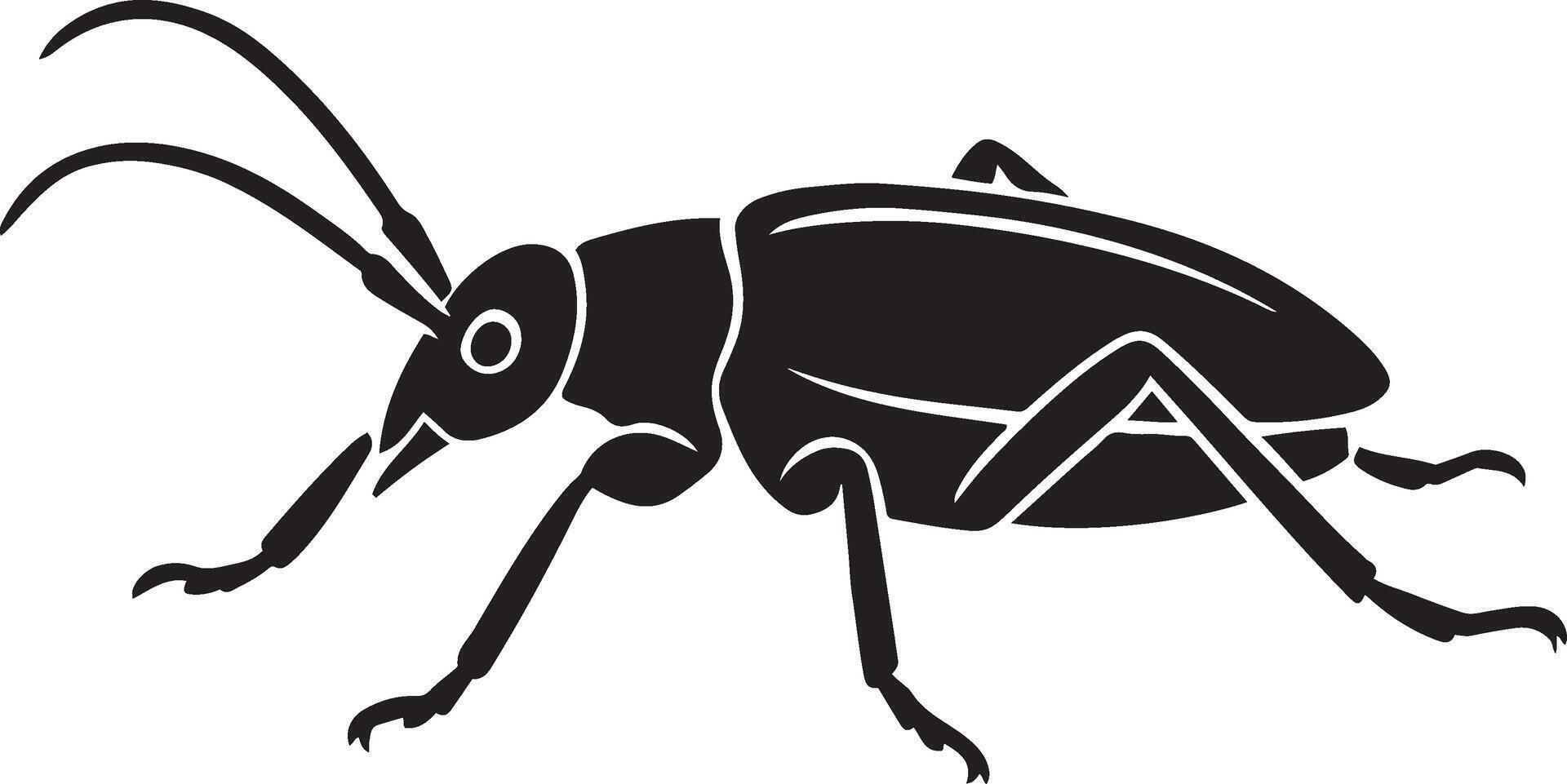 Longhorn beetle silhouette minimal design, Insect with antenna black white sketch vector