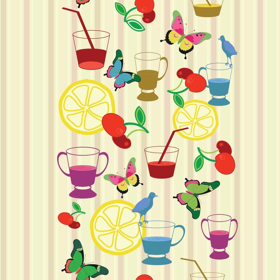 Bright, playful pattern with cocktails, butterflies, lemon slices, and cherries on vertical pastel stripes. Great for digital party decor and textiles. vector
