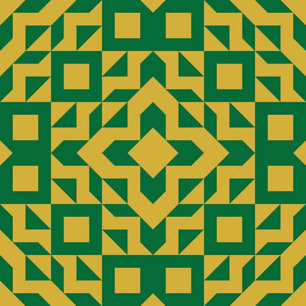 A seamless tribal-style geometric pattern in green and yellow with concentric diamond and square motifs. Ideal for textile prints, bold home decor, and ethnic-inspired designs. vector