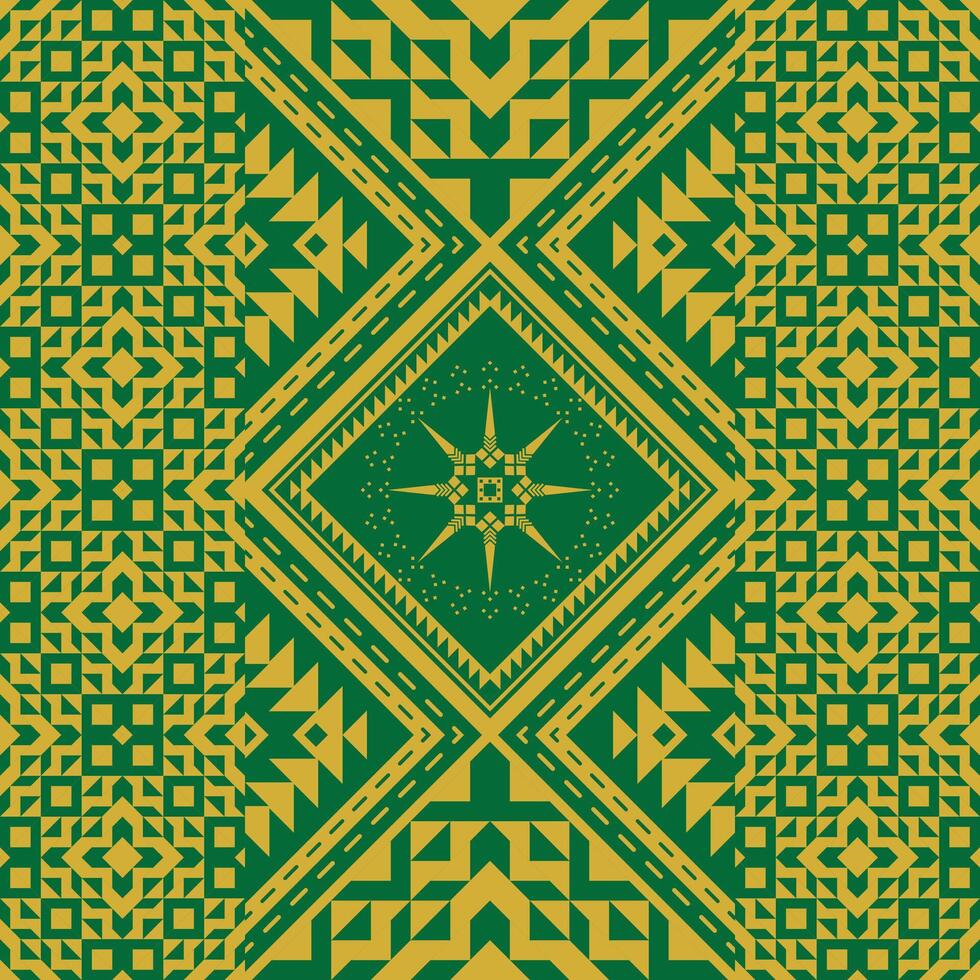 A bold green and yellow tribal seamless pattern featuring a central star medallion surrounded by geometric motifs. Ideal for textile sets, home decor, or statement design. vector