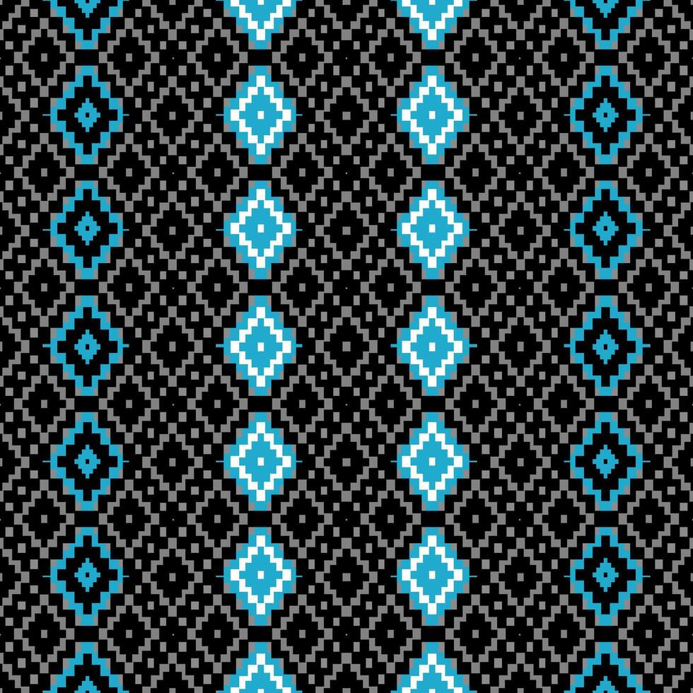 A pixel-style tribal seamless pattern with blue, black, and gray diamond shapes. Ideal for bold textile prints, digital designs, and ethnic-themed projects. vector