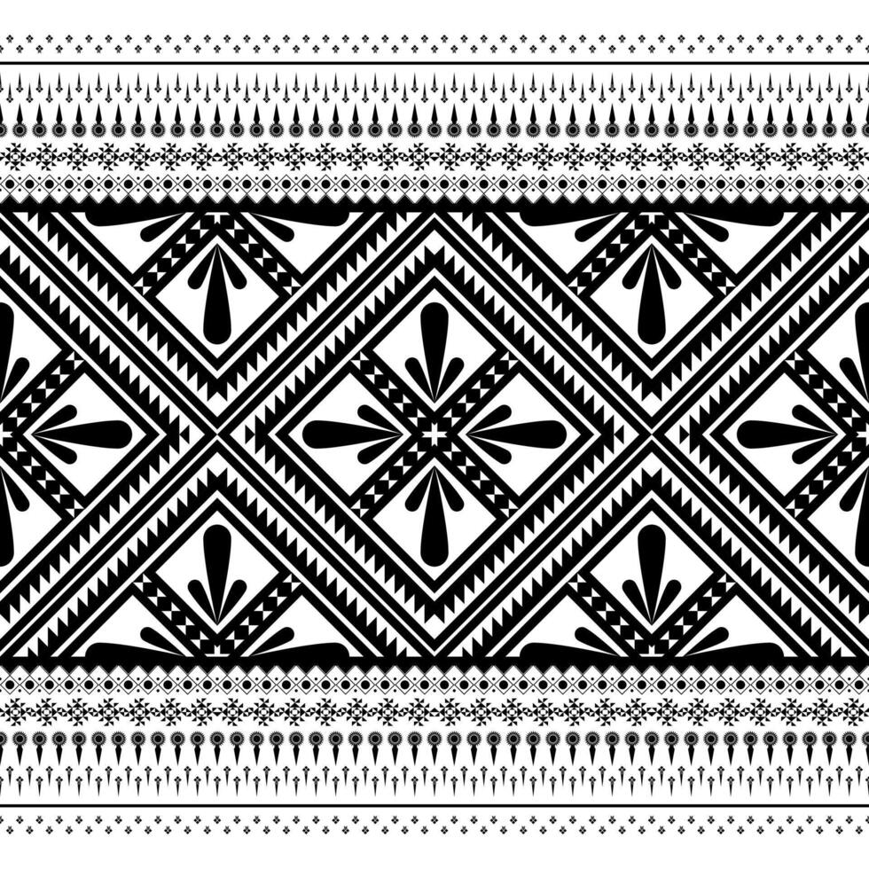 Bold tribal seamless pattern in black and white, featuring geometric diamond shapes and linear ethnic motifs. Great for textiles, decor, or modern ethnic design. vector