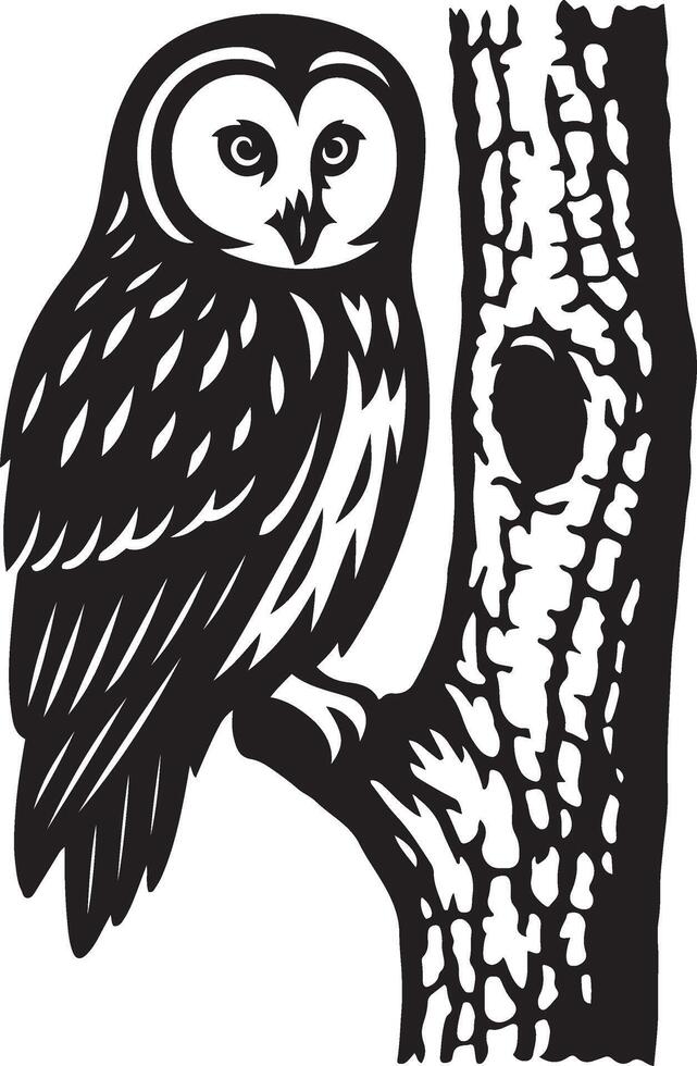 Owl on tree trunk intricate illustration, Black and white perched bird design vector