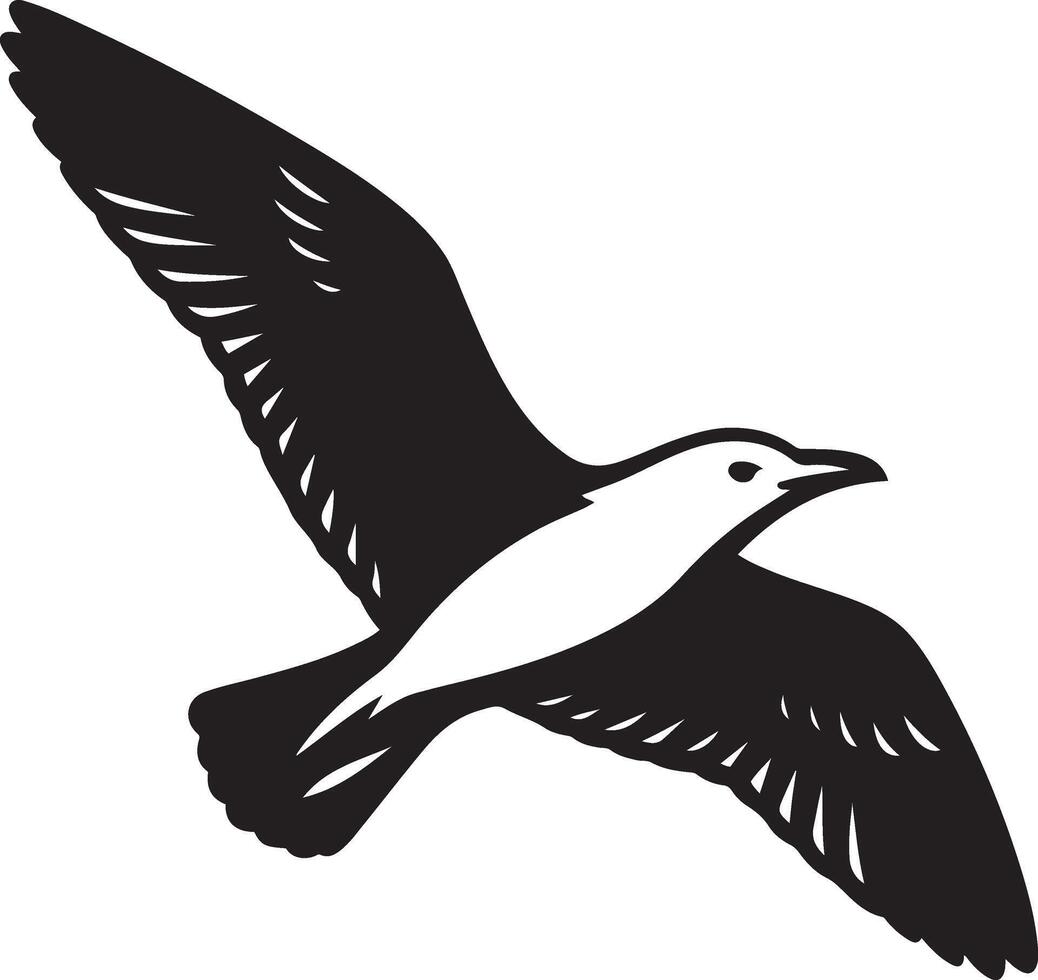 Seagull in flight silhouette artwork, Coastal bird flying minimal style vector