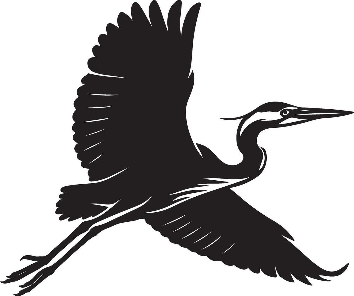 Heron in flight silhouette simple design, Flying heron black and white illustration vector