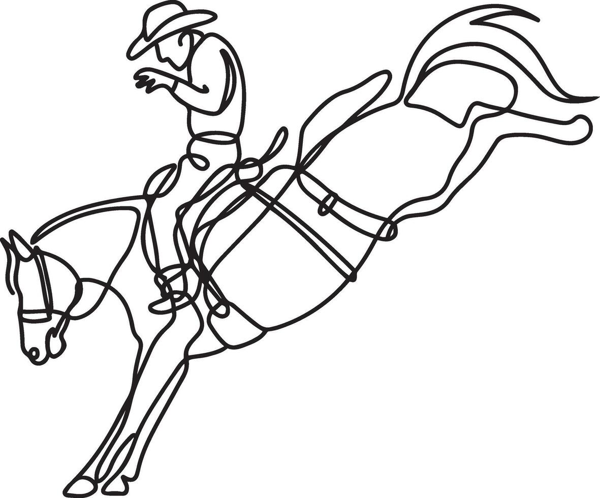 Rodeo cowboy and horse line drawing, One line bull riding sketch art vector