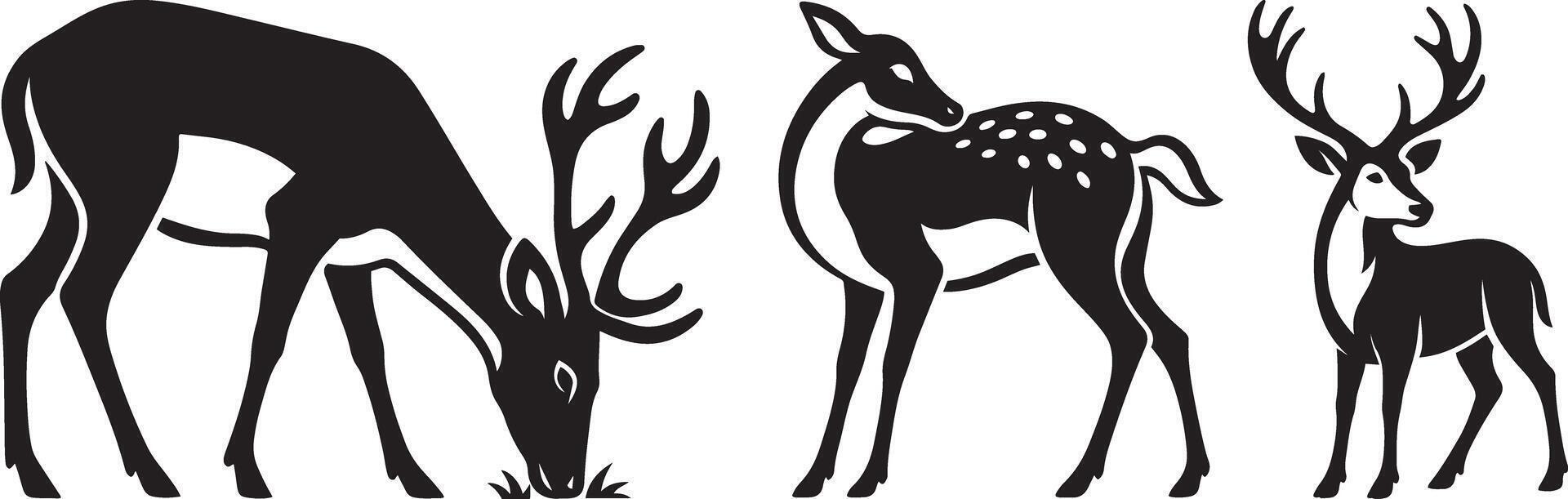 Deer grazing silhouettes peaceful scene, Forest animal trio in calm setting vector