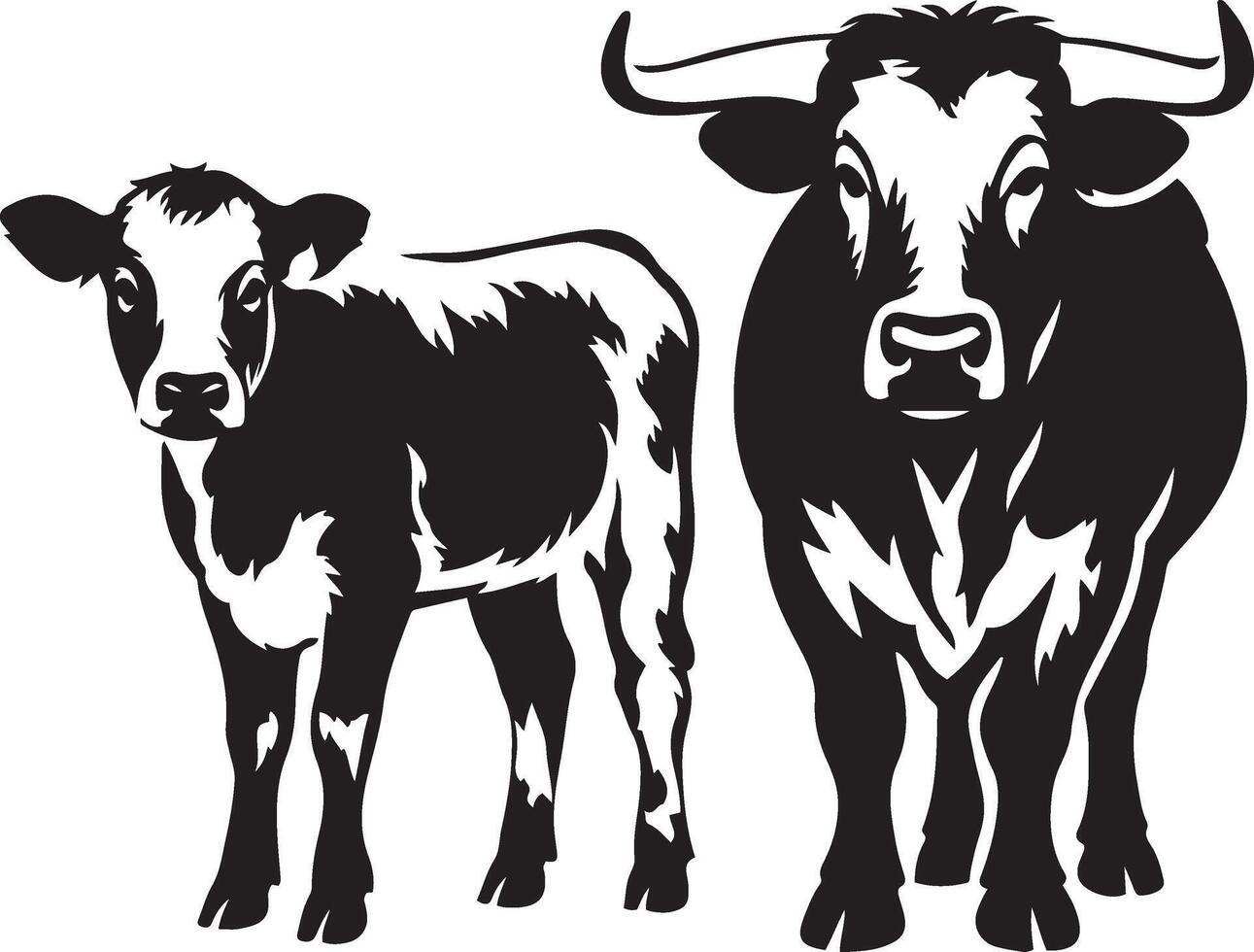 Calf and bull illustration pair, Farm animal duo black white drawing vector