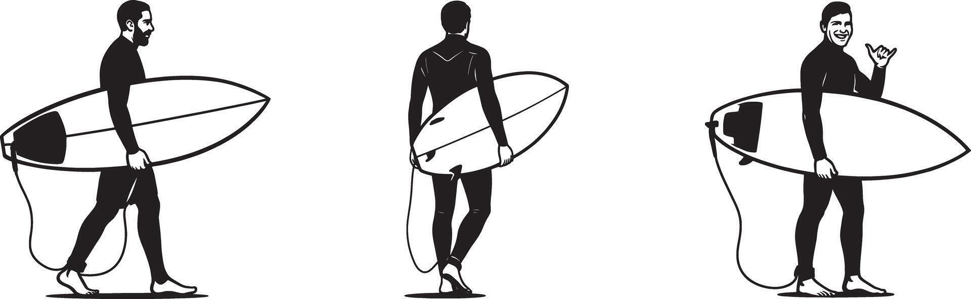 Three surfers with surfboards monochrome design, Black and white surfing group walking vector