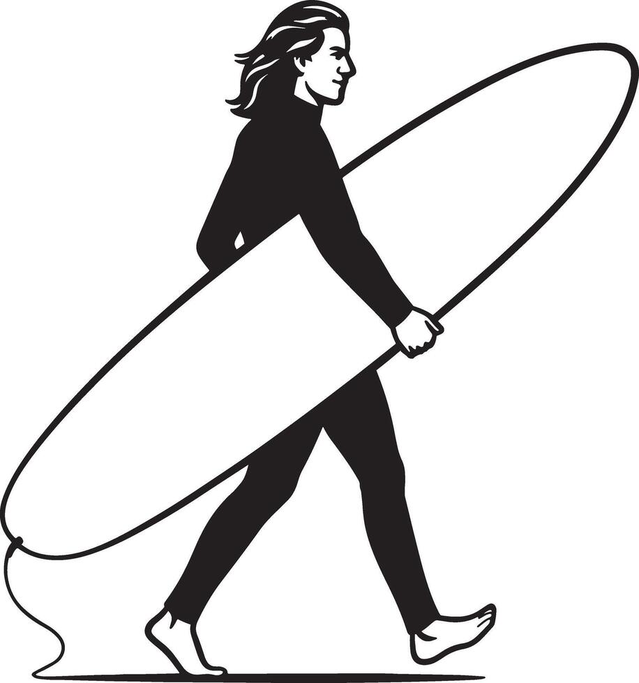 Surfer with longboard side view drawing, Walking surfer profile carrying board vector
