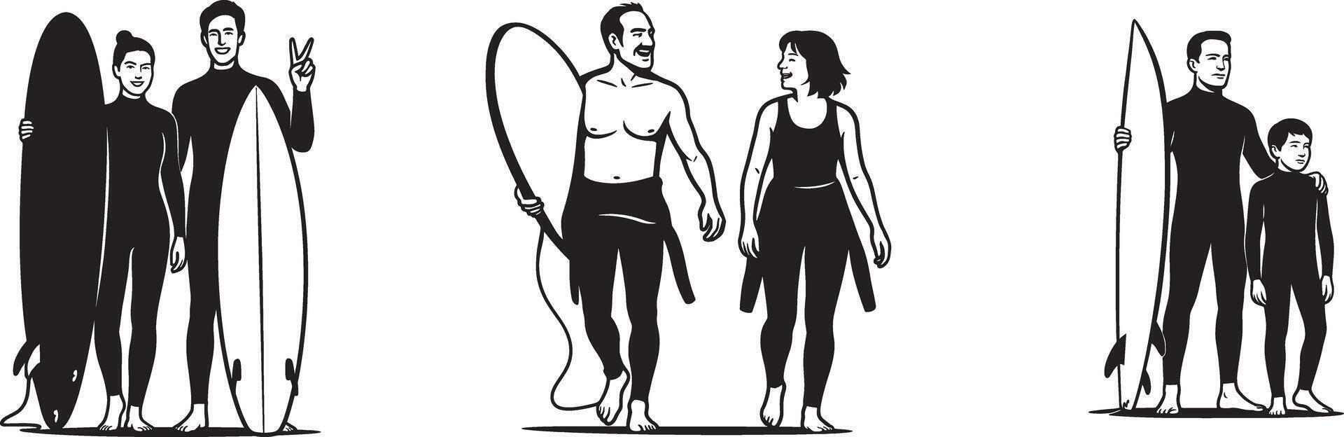 Family surfing silhouette poses beach illustration, Group surfing activity family black and white vector